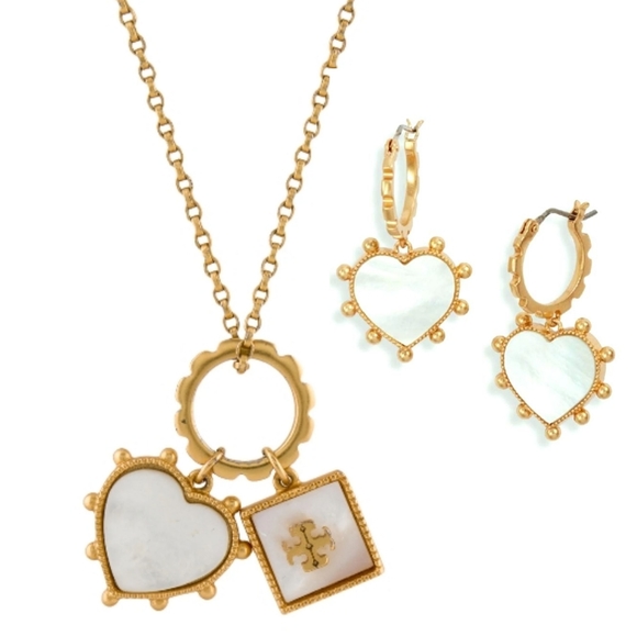 Tory Burch Jewelry - TORY BURCH Mother of Pearl Heart & Logo Pendant Necklace/Earrings
